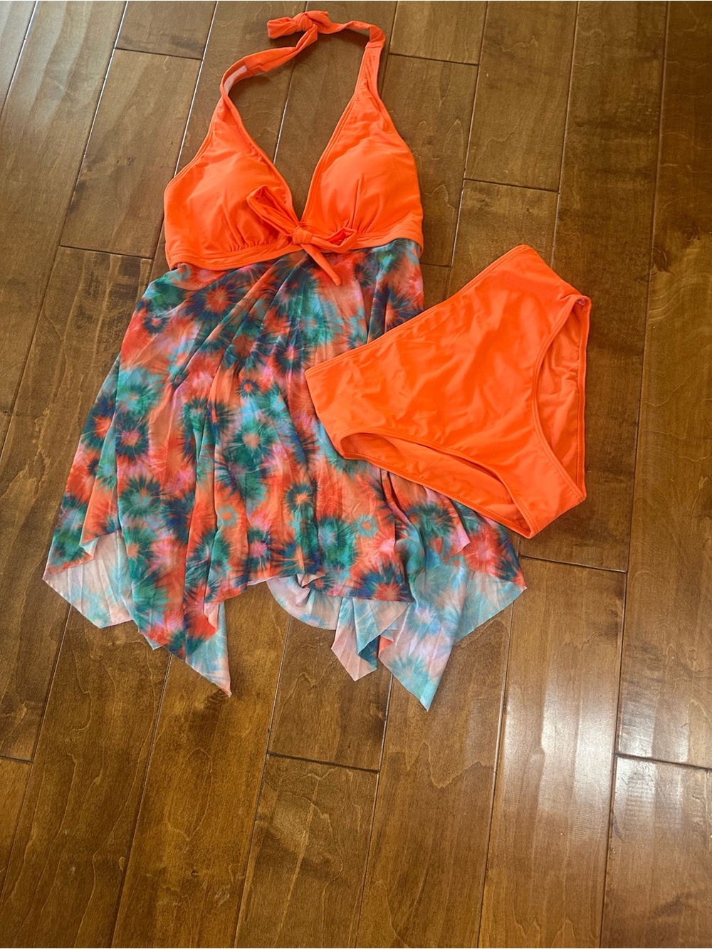 Orange Halter Tankini with Tie-Dye Skirt Overlay stunning Brand New without tag.